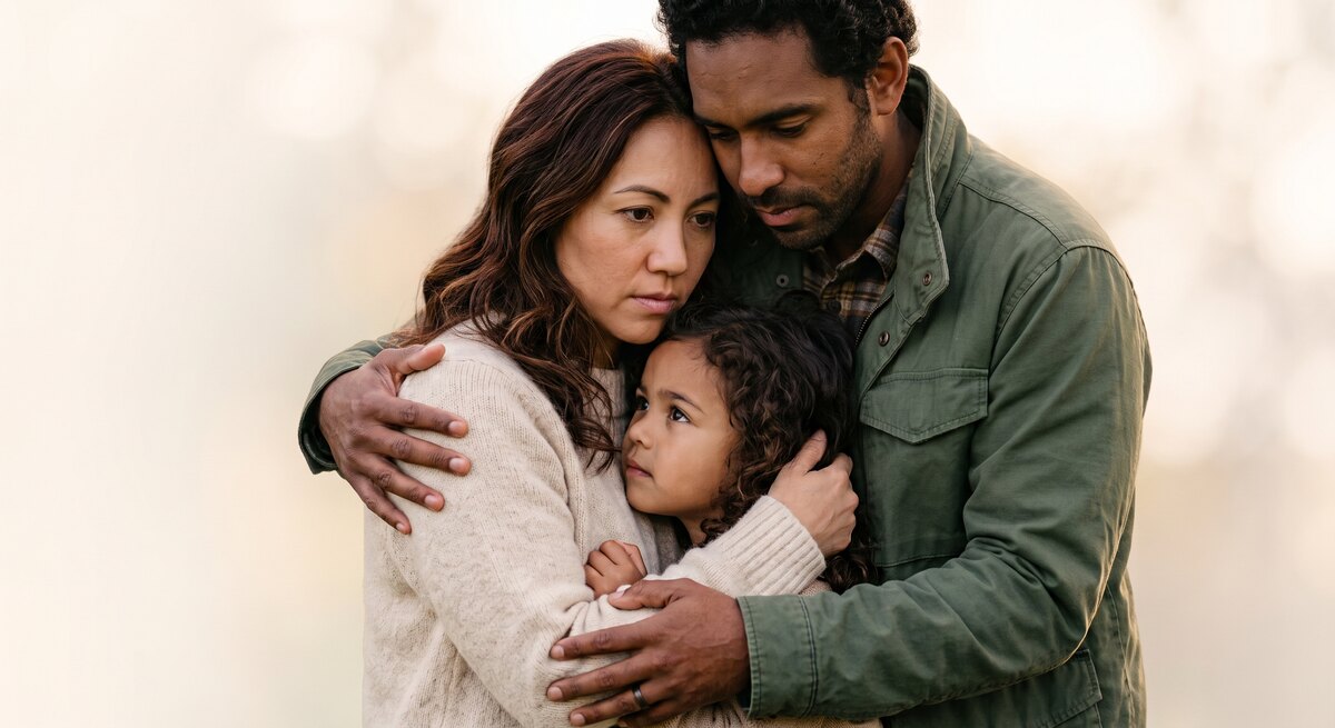 Two parents holding their child close in a comforting embrace.